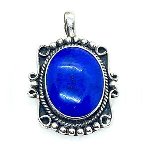 Vtg 925 Sterling Silver & Lapis Lazuli Scroll Design Pendant | 1.5” L | 11.4g